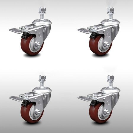 Service Caster 3.5 Inch SS Maroon Polyurethane 1/2 Inch Threaded Stem Caster Set Total Lock Brake SCC-SSTSTTL20S3514-PPUB-MRN-121315-4